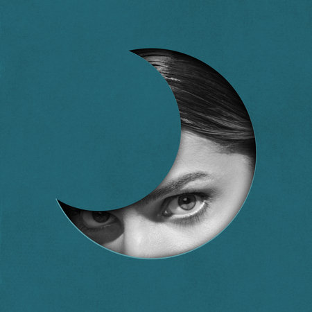 Black and white image of female face part, eyes deeply looking. Green background. Moon element. Beauty. Contemporary art collage. Conceptual design.の写真素材