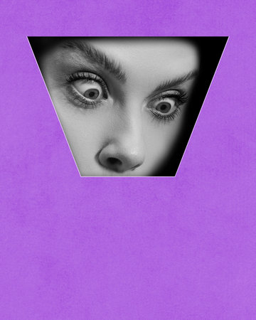 Shocked face. Black and white female face part with widely open eyes against purple background. Contemporary art collage. Conceptual design.の写真素材