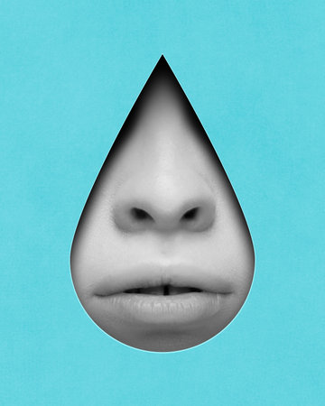 Black and white image of female lips and nose in drop shape figure against blue background. Contemporary art collage. Conceptual design.の写真素材