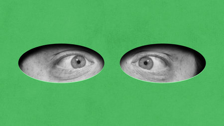 Black and white image of male eyes over green background. Spy, super hero. Cartoon style. Contemporary art collage. Conceptual design.の写真素材
