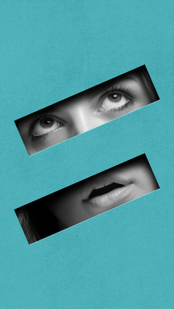 Black and white image of female face pats. lips and eyes against abstract blue background. Contemporary art collage. Conceptual design.の写真素材