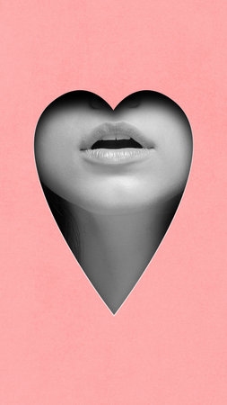 Love. Black and white image of female lips in heart shape element against pink background. Contemporary art collage. Conceptual design.の写真素材
