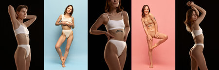 Collage. Set of images of young beautiful girl with slim, fit, healthy body posing in underwear against studio backgroundの写真素材