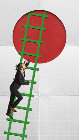 Motivated and ambitious businessman climbing upwards the ladder. Taking professional risks. Working on success. Contemporary art collage.の写真素材