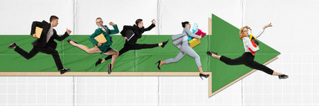 Ambitious and hard-working employees in formal wear running forward on green arrow. Way to success...