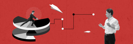 Businessman making professional analytics, working with round graphs. Creating strategy to grow success. Contemporary art collage.の写真素材