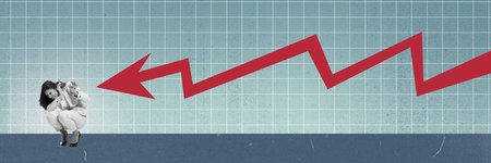 Scared, stressful female employee on edge of professional and financial crisis. Red arrow going down. Contemporary art collage.の写真素材