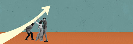 Well-coordinated, motivated teamwork. Employees making common effort to grow company success and make financial profits. Contemporary art collage.の写真素材