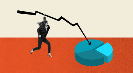 Ambitious female employee, office worker developing strategy for professional growth. Challenges. Round graph. Contemporary art collage.の写真素材