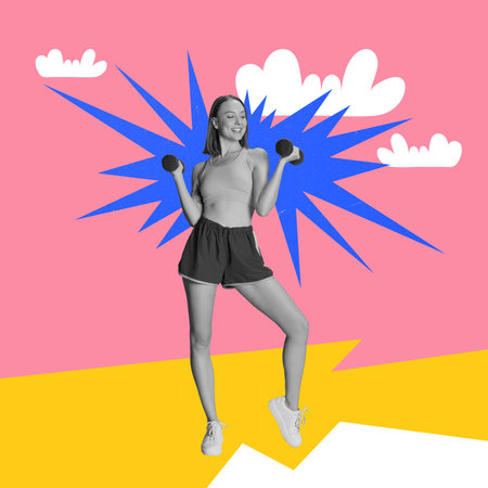 Preparing for summer. Young slim girl training with dumbbells against pink yellow background. Fitness routine. Contemporary art collage.の写真素材