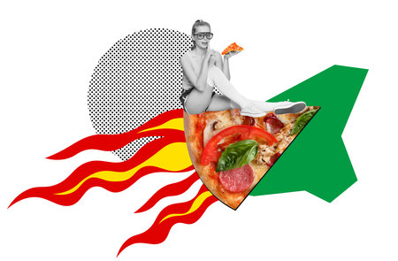 Beautiful young girl sitting in sportswear with slice of delicious pizza. Fitness diet and junk food. Choice. Contemporary art collage.の写真素材