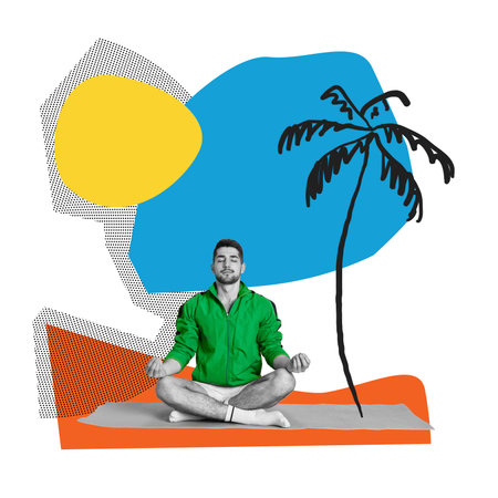 Young man on summer holiday doing meditation near palms under sun. Relaxation and calmness. Contemporary art collage.の写真素材