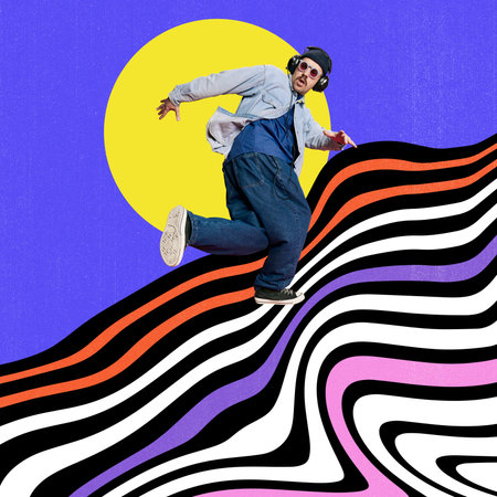 Young man, hipster listening to music in headphones and dancing hip hop against colorful background. Contemporary art collage.の写真素材