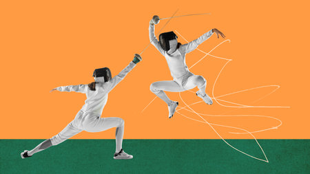 Young girl, professional athletes training, fencing against orange background. Coordination of...