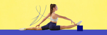 Young girl with slim fit body training with fitness block, doing stretching exercises. Sitting on...