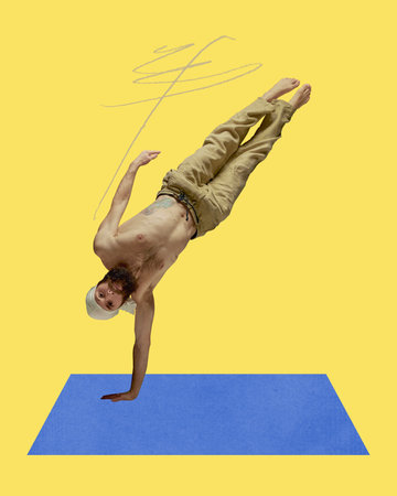 Muscular bearded man practising yoga, doing exercises against yellow background. Contemporary art collage.の写真素材