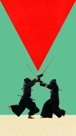 Two martial arts fighters, professional kendo athletes training, fighting with swords against abstract background. Contemporary art collage.の写真素材