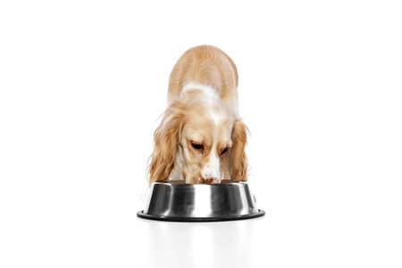 Studio image of beautiful dog, golden english cocker spaniel eating from bowl against white background. Pets dietingの写真素材