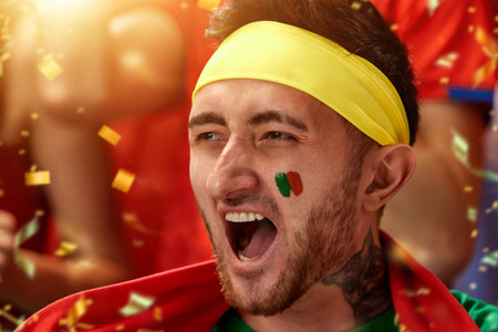 Close-up image of man, portugal football fan emotionally watching match, cheering up team during gameの写真素材