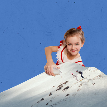 Pretty little girl, kid pouring milk on snowy mountains with tourists, man and woman skiing down the hill. Contemporary art collage.の写真素材