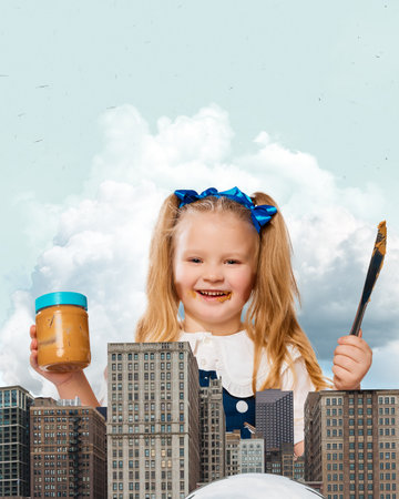 Cute, beautiful, little girl eating peanut butter over city buildings landscape. Childhood dreams. Contemporary art collage.の写真素材