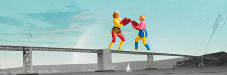 Two middle-aged sportive women in colorful sportswear fighting with raspberry gloves on bridge over the river. Contemporary art collage.の写真素材