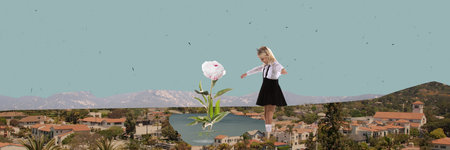 Beautiful little girl, child walking around city on daytime. Childhood dreams and fantasy. Contemporary art collage.の写真素材