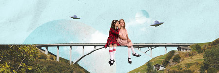 Beautiful little girls sitting on bridge and whispering secrets over flying UFOs. Childhood dreams and fantasy. Contemporary art collage.の写真素材