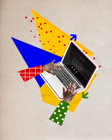 IT job. Human hands typing on laptop, writing programme codes. Developing new web sites or applications. Contemporary art collage. Creative designの写真素材