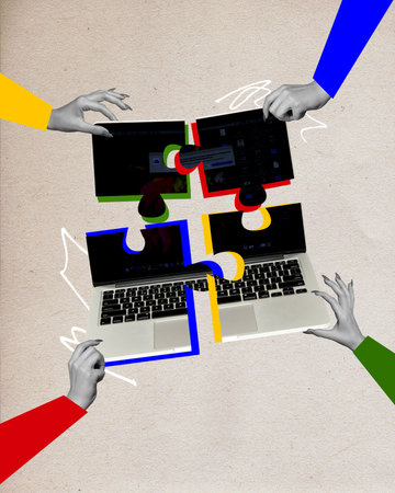 Human hands connecting puzzles made from laptops. Team work in IT department. Writing programmes and websites. Contemporary art collage. Creative designの写真素材