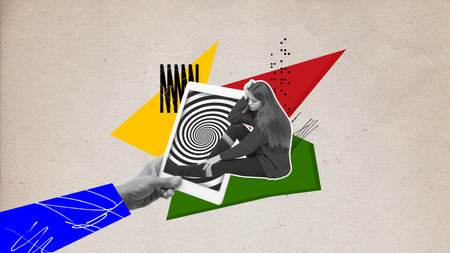 Mass media addiction and social media influence. Young sad girl sitting near hypnotic tablet screen. Internet manipulation. Contemporary art collage.の写真素材