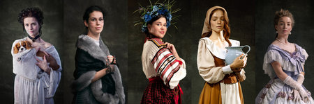 Portraits of beautiful women in different culture clothes, royal, historical persons posing against dark green background.の写真素材
