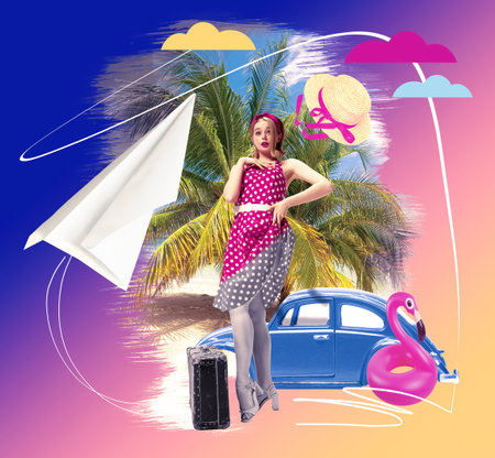 Beautiful young blonde girl travelling to warm beach with palms. Summertime vacation. Resort. Contemporary art collage.の写真素材