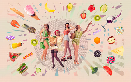 Beautiful young girls in stylish clohtes and hairstyles posing around healthy and junk food. Contemporary art collage.の写真素材