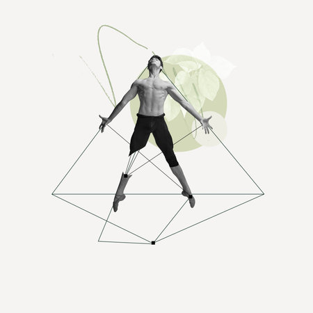 Muscular young man, professional ballet dancer over light background with abstract line elements. Contemporary art collage.の写真素材