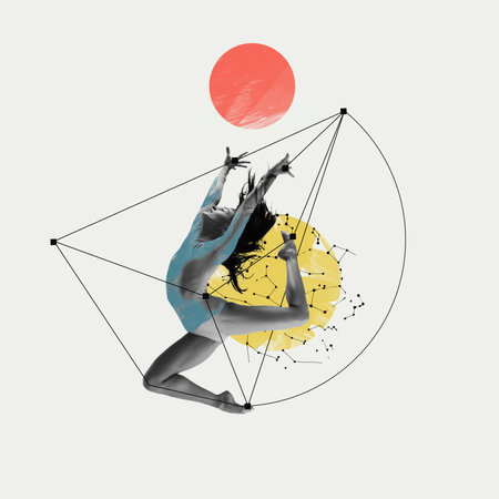 Artistic, passionate, young woman,ballet dancer performing over light background with abstract design element. Contemporary art collage.の写真素材