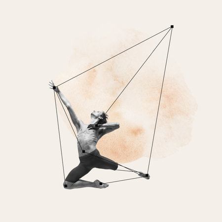 Artistic performance. Young sportive man, professional ballet dancer over pastel background with abstract line design elements. Contemporary art collage.の写真素材