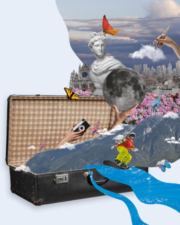 Creative design with travelling attributes. All around the world tourism. Summer and winter season. City and nature landmarks. Contemporary art collage.の写真素材