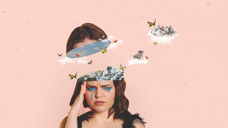 Surreal design with woman crying, city landscape appearing from head. Dreams and fantasy. Contemporary art collage.の写真素材