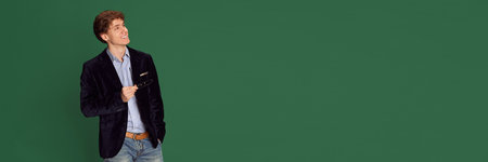 Confidence and success. Delightful, smiling young man in stylish jacket posing against green studio background. Concept of youth and emotionsの写真素材