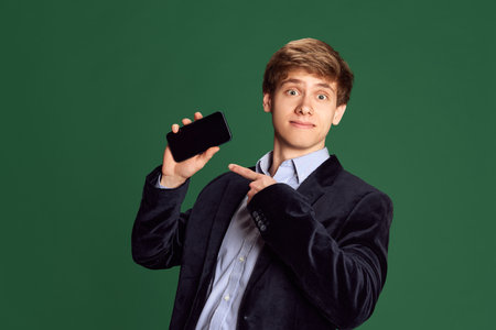 Portrait of young man in stylish jacket pointing on mobile phone screen against green studio background. Freelance. Concept of youth and emotionsの写真素材