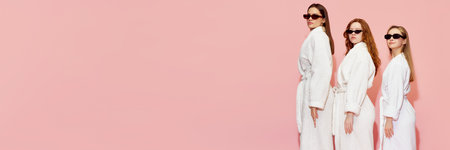 Three beautiful girls in bathrobes and sunglasses standing against pink studio backgroundの写真素材