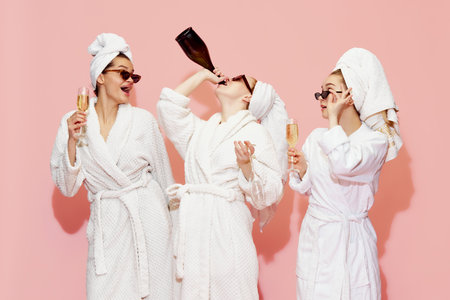 Spa meeting. Three beautiful girls in bathrobes drinking champagne, having fun against pink studio background. Celebrationの写真素材