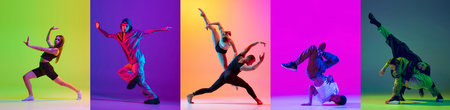 Set of artistic young people, men and women dancing contemporary dance styles, hip hop against multicolored background in neon lightの写真素材