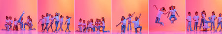 Hip-hop dance, street style. Group of children in casual style clothes dancing contemp against pink background in yellow neon light. Collageの写真素材