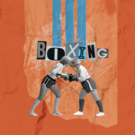 Middle-aged women in sports clothes and boxing gloves standing close to each other. Fighting, confrontation. Contemporary art collage.の写真素材