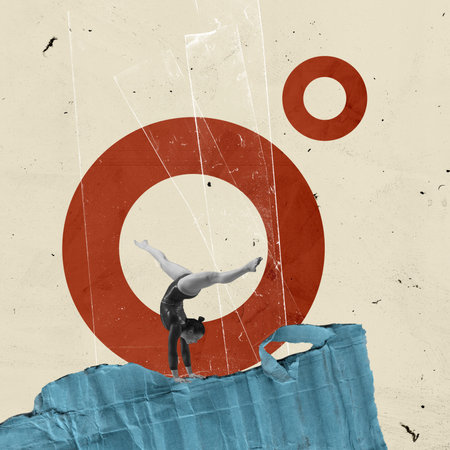 Young athletic girl, professional rhythmic gymnast, acrobat training over abstract background with design elements. Contemporary art collage.の写真素材
