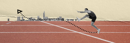 Sportive young man, athlete, runner at stadium, training reaching goal in sport. Speed and...