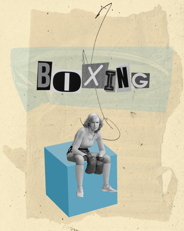 Senior woman in sportswear and retro boxing gloves sitting on cube over pastel abstract background. Contemporary art collage.の写真素材