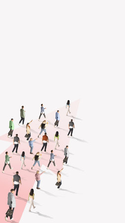 One way movement. Aerial view on group of different people walking same direction against white background. Mass media manipulationの写真素材